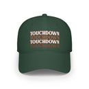 Printify eco-friendly baseball cap in dark green with repeated TOUCHDOWN text design on front
