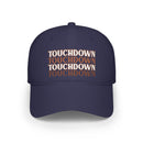 Printify navy eco-friendly baseball cap with repeated touchdown text design