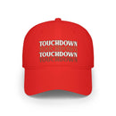 Red eco-friendly baseball cap by Printify with repeated touchdown text design on front