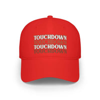 Red eco-friendly baseball cap by Printify with repeated touchdown text design on front