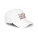 White eco-friendly baseball cap from Printify with multiple brown touchdown text designs
