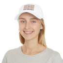 Printify white eco-friendly baseball cap with touchdown text worn by smiling woman