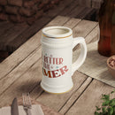 Printify white ceramic eco-friendly beer stein with gold accents and decorative text on wooden table