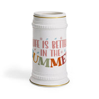 Printify eco-friendly beer stein with Life is Better in the Summer colorful text design