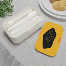 Printify eco-friendly bento lunch box with reusable utensils and a yellow lid featuring a black cat design
