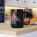 Printify eco-friendly black mug with patriotic gnome holding an American flag on wooden kitchen counter