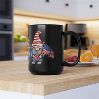 Printify eco-friendly black mug with patriotic gnome holding an American flag on wooden kitchen counter