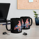 Printify eco-friendly black mug featuring patriotic gnome holding American flag on office desk