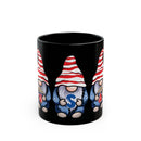 Printify eco-friendly black mug featuring cartoon gnomes with red and white hats holding letters