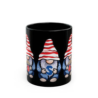 Printify eco-friendly black mug featuring cartoon gnomes with red and white hats holding letters