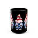 Printify eco-friendly black mug featuring three gnomes wearing red and white striped hats and blue outfits