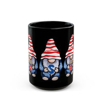 Printify eco-friendly black mug featuring three gnomes wearing red and white striped hats and blue outfits