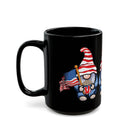Printify eco-friendly black mug featuring a gnome holding an American flag with a red and white striped hat design