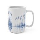 Eco-friendly blue landscape mug by Printify featuring serene water and reed design