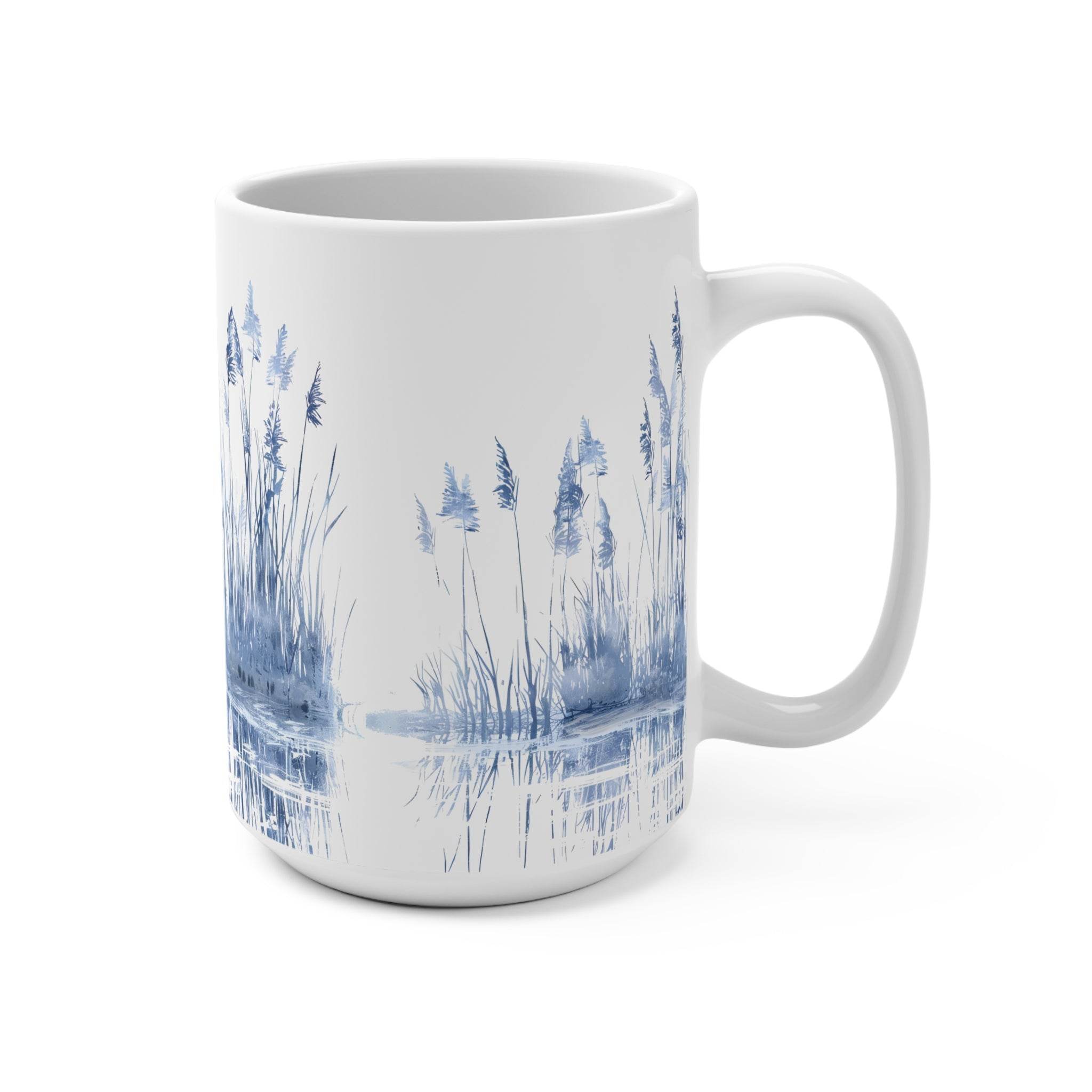 Eco-friendly blue landscape mug by Printify featuring serene water and reed design