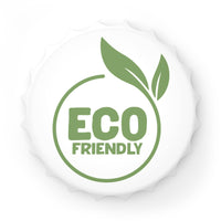 Eco-friendly bottle opener with a white cap design and green eco friendly leaf logo