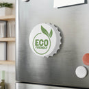 Printify eco-friendly bottle opener magnet shaped like a white bottle cap with green leaf design on refrigerator door