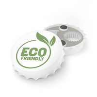 Printify eco-friendly bottle opener designed like a white bottle cap with green leaf logo