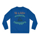 Eco-friendly campfire sweatshirt in blue featuring a campfire graphic with inspirational text
