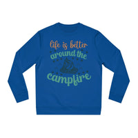Eco-friendly campfire sweatshirt in blue featuring a campfire graphic with inspirational text