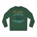 Eco-friendly campfire sweatshirt in green with fun campfire graphic and text about life around the campfire