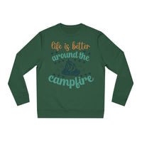 Eco-friendly campfire sweatshirt in green with fun campfire graphic and text about life around the campfire