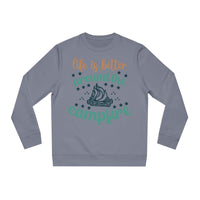 Eco-friendly campfire sweatshirt in gray with vibrant campfire graphics and fun text