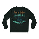 Eco-friendly campfire sweatshirt in black with campfire graphic and inspirational text