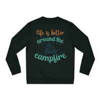 Eco-friendly campfire sweatshirt in black with campfire graphic and inspirational text