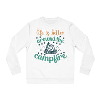 Eco-friendly campfire sweatshirt featuring a cheerful graphic with the text Life is Better Around the Campfire