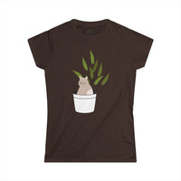 Printify eco-friendly cat lover t-shirt with cat and plant graphic on brown fabric