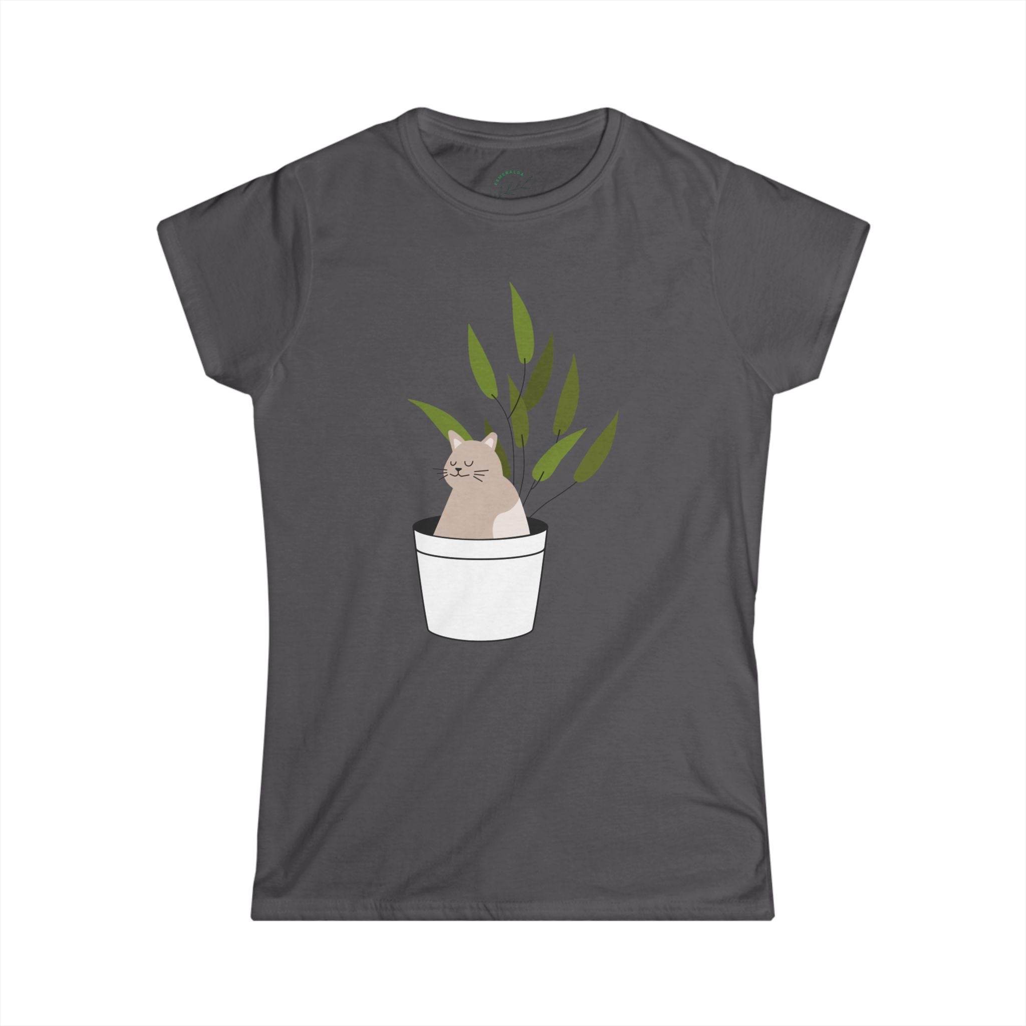 Printify eco-friendly cat lover t-shirt with gray fabric and cute cat in plant pot design