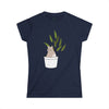 Printify navy eco-friendly cat lover t-shirt with a cute cat and plant pot graphic