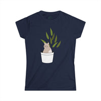Printify navy eco-friendly cat lover t-shirt with a cute cat and plant pot graphic