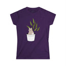 Purple Printify eco-friendly cat lover t-shirt featuring a cat in a white plant pot graphic