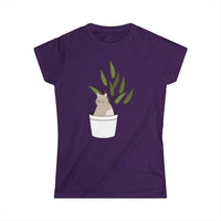 Purple Printify eco-friendly cat lover t-shirt featuring a cat in a white plant pot graphic