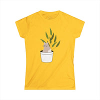 Yellow Printify eco-friendly cat lover t-shirt with cute cat and plant pot graphic