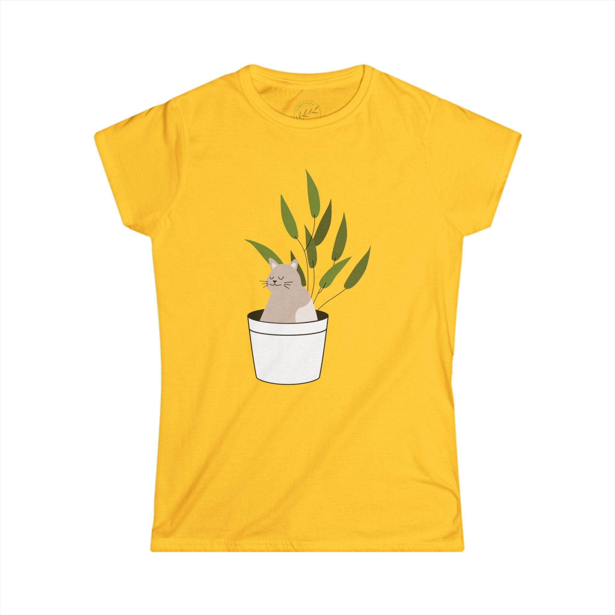 Yellow Printify eco-friendly cat lover t-shirt with cute cat and plant pot graphic