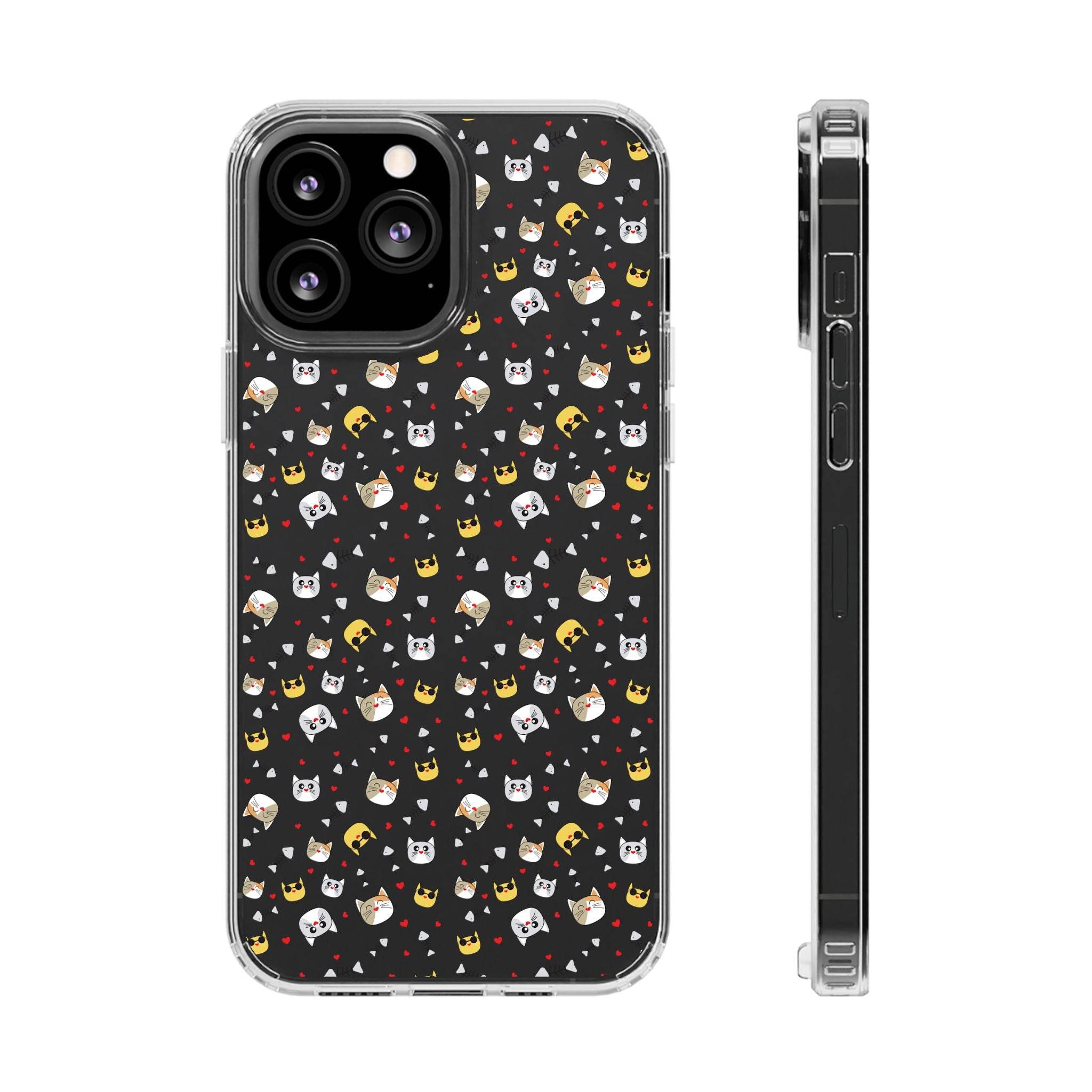 Printify eco-friendly cat phone cases with black background and colorful cat face pattern for smartphone protection