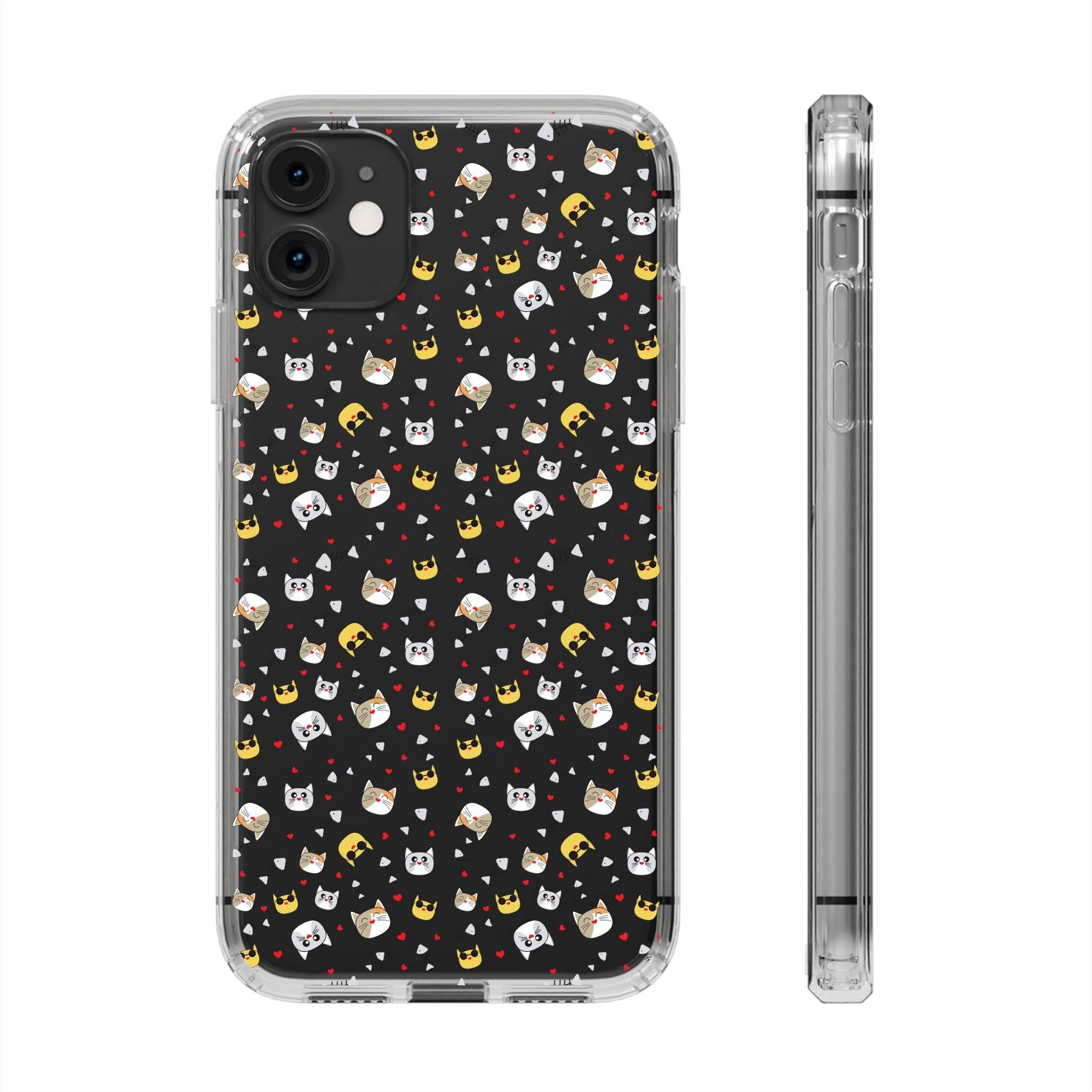 Printify eco-friendly cat phone cases with black background and cute cat faces pattern