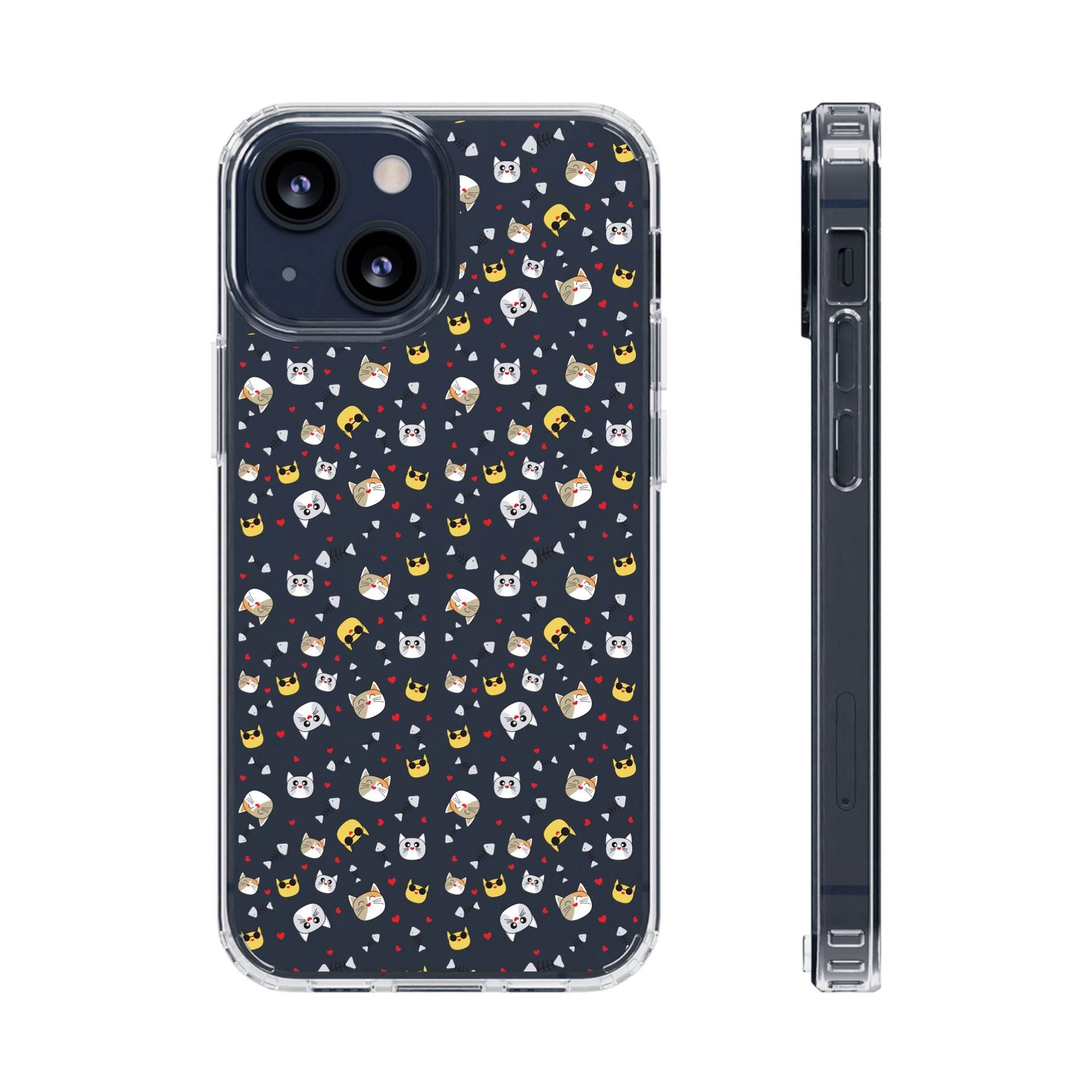Printify eco-friendly cat phone cases featuring cute cat faces and crowns on a black background