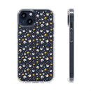 Printify eco-friendly cat phone cases with clear edges and colorful cat faces pattern on black background