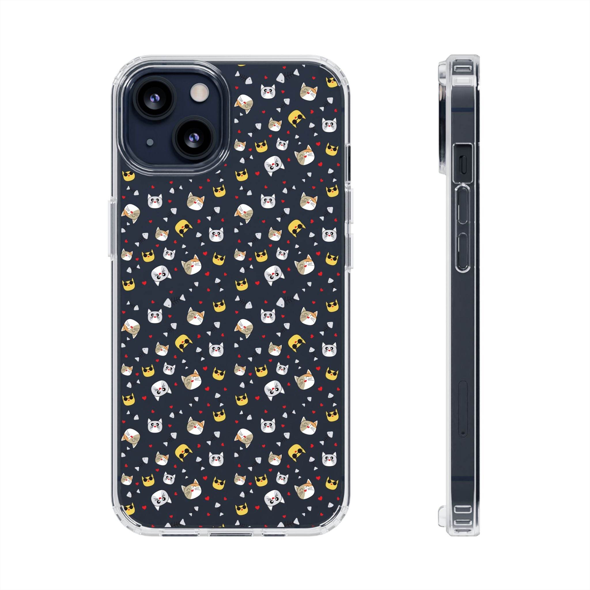 Printify eco-friendly cat phone cases with clear edges and colorful cat faces pattern on black background