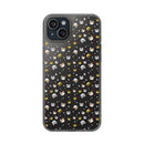 Printify eco-friendly cat phone cases with cute cat faces and small heart patterns on black background