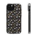 Printify eco-friendly cat phone cases with clear edges and cute cat faces pattern on black background