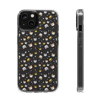 Printify eco-friendly cat phone cases with clear edges and cute cat faces pattern on black background