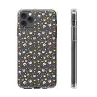 Printify eco-friendly cat phone cases with multiple cartoon cat faces on a dark background for iPhone