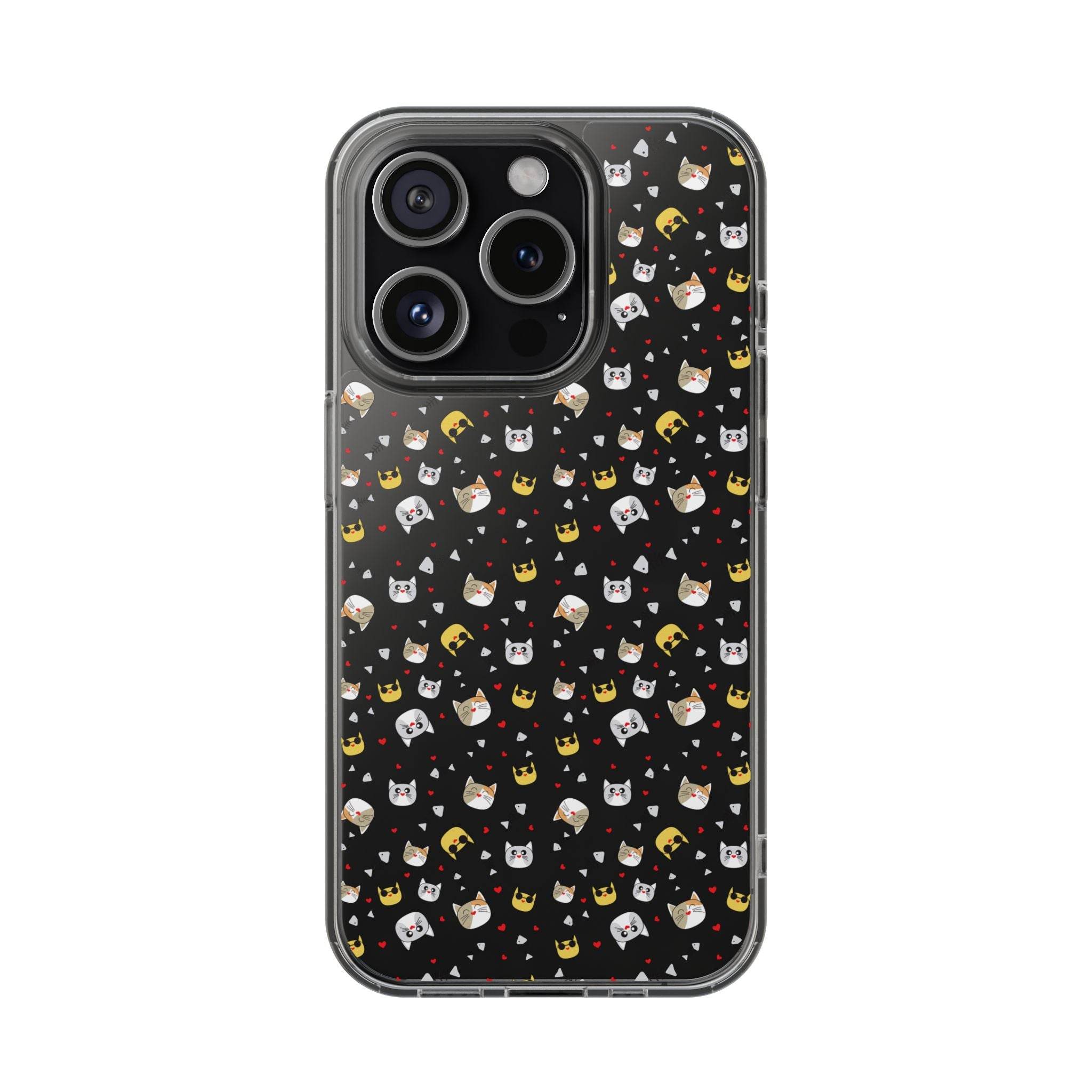 Printify eco-friendly cat phone cases with black background and small cat face and crown pattern