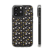 Printify eco-friendly cat phone cases with cute cat faces pattern on black background for eco-conscious users