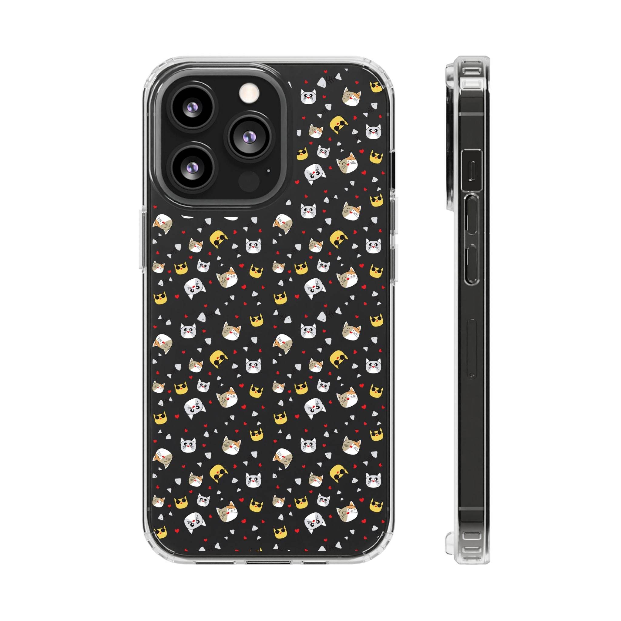 Printify eco-friendly cat phone cases with cute cat faces pattern on black background for eco-conscious users